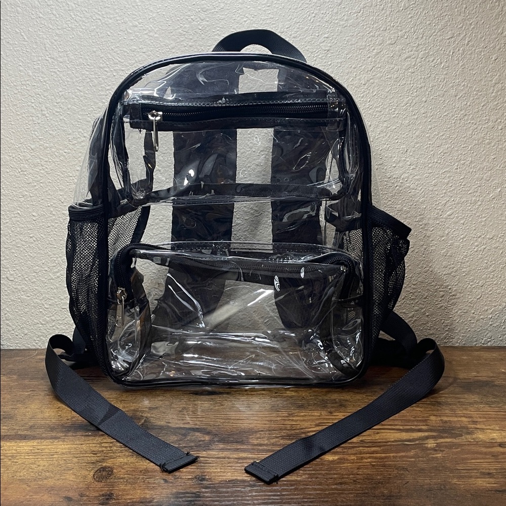 Stadium Approved Clear PVC Backpack Black Trim Mesh Bottle Holders Pockets